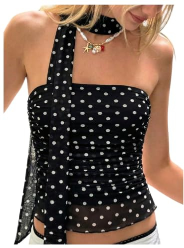 GORGLITTER Women's Y2K Polka Dots Mesh Bandeau Tops Strapless Ruched Fitted Boobtube Top with Scarf Date Party Outfits