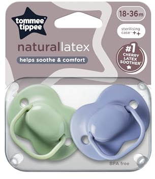 Tommee Tippee Ciuccio in lattice naturale, design simmetrico, senza BPA, 18-36 mesi, verde e blu, confezione da 2 pezzi