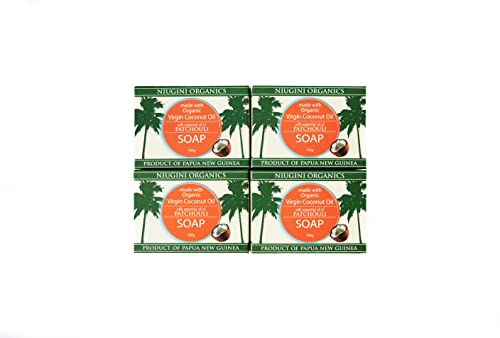 Bio Körperseife von NIUGINI ORGANICS aus 100% Bio Kokosöl | Die reinste Patschuliseife der Welt | Naturseife | Besser als Fairtrade | Nachhaltige Produktion | Patschuli, 4 x 100g