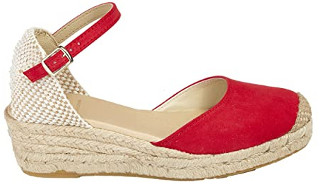 No es lo mismo – Espadrille – sandaler av jute med kilklack för kvinnor | platåskor 3 remmar Espadrille spänne | stängd sko spets | Färg: Sandfärg, grön, rosa, marinblå och mer, - röd - 37 EU