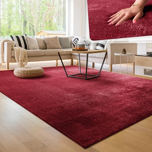 Paco Home Moderner Kuscheliger Wohnzimmer Teppich Kurzflor waschbar flauschig Weich Einfarbig Felloptik zeitlos stilvoll rutschfest pflegeleicht, Grösse:120x160 cm, Farbe:Rot