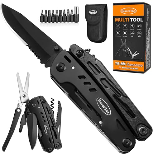 RoverTac Multitool Taschenmesser Werkzeug Geschenke: Multifunktionswerkzeug Camping Zubehör 18 in 1 Multitools Klappmesser Zange Schere Säge Korkenzieher Flaschenöffner 9-Pack mit Nylonscheide