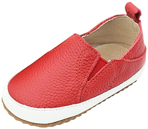 Dotty Fish Leather Barefoot Shoes. Flexible Non-Slip Rubber Sole Trainers. First Walkers. Red Slip-On Toddler Shoes (4 UK Child)