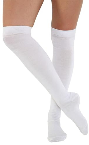 FNA FASHIONS® Over the Knee Socks – Thigh High Cotton Socks | Long, Soft & Stretchy Boot Socks for Women & Girls | Plain & Striped Knee High Stockings (Plain White)