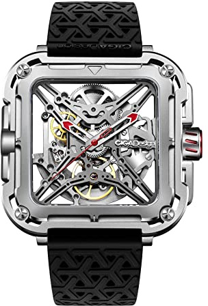 CIGA Design Montre Homme Automatique – Série X SUV, Mécanique Squelette, Acier Inoxydable, Verre Saphir, Bracelet Silicone(Argent)