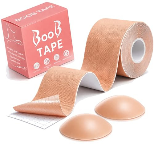 INTELLIGRON Boob Tape for Large Breasts, Breast Lift Tape with 2 Nipple Covers, Self-Adhesive Strapless Body Tape, 5M Stretchable Roll