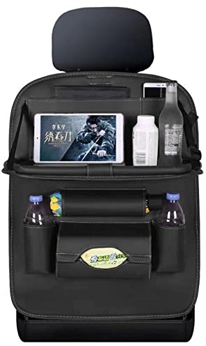 Ruspela Car Seat Organizer with Folding Tray, Waterproof Backseat Organiser, Tablet/Water Bottle/Umbrella Holder, Kick Mat Protector for Kids - Black