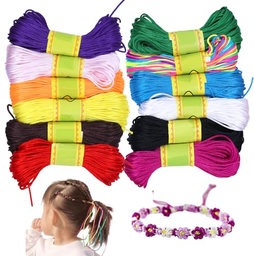 RUNYU 12 Rollen Nylonschnur für Armbänder, 1,5 mm Garn für Freundschaftsbänder 12 Farben Satinkordel Nylonfaden für Armbänder DIY Schmuck Halskette Armband String(20m)