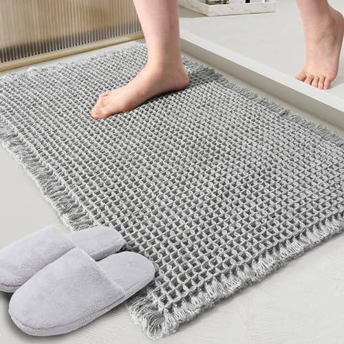 ZALL Grå våffla badmatta, superabsorberande halkfri badrumsmatta, grå 45 x 76 cm, maskintvättbara ultramjuka golvmattor