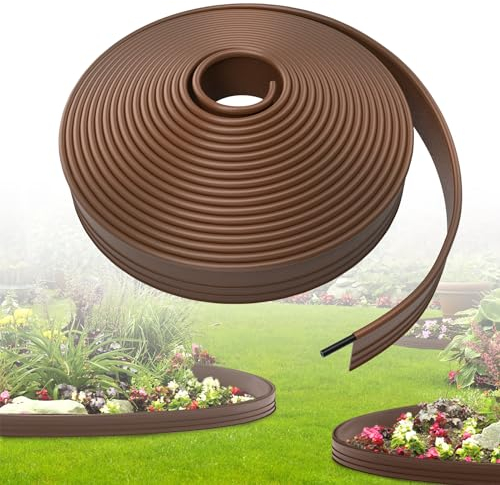 XINZI Rasenkante 15m Kunststoff Rasenkanten, Flexible Garten Blumenbeet Umrandung Beeteinfassungen, 9.6cm Hoch Beetumrandung Beeteinfassung, Gartenumrandung mit Verbindern, Braun