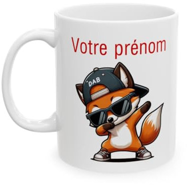 Mug Tasse Personnalisable Personnalisé Prénom Texte animal animaux Renard Qui Dab pour enfant et adulte