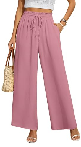 BEIGAI Pantalon ample à taille haute élastique pour femme, pantalon de détente, Palazzo élégant avec poches, rose, 3XL grande taille