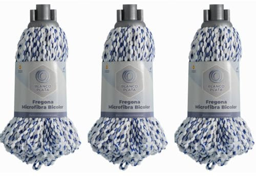 Fregona Microfibra 100% Trenzas Bicolor|Pack 3 Unidades|Super Absorbente|Gran Poder de Secado| Resistente y Duradera|Rosca Universal|