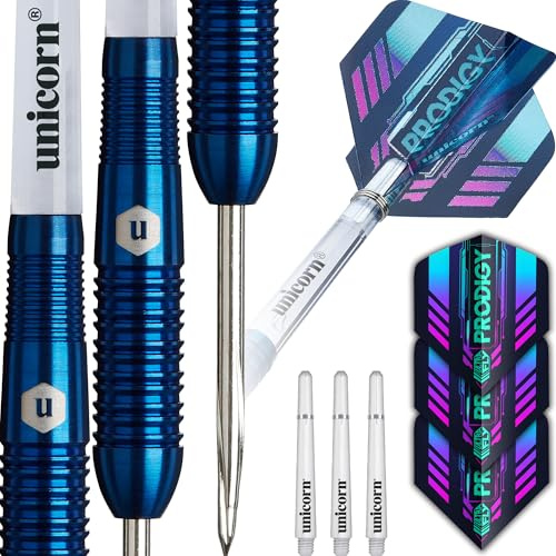 Unicorn Darts Set U-Tech | Prodigy Style 2 | 95 % volframtunnor med marinblå titan PVD-beläggning och intrikat bearbetade greppringar | hållbara Ultraflyga flygningar | stålspets spänningspunkter | 25