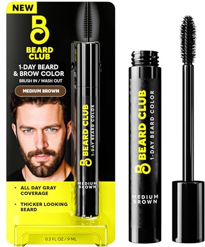 The Beard Club 1 Day Temporary Beard Dye for Men - Medium Brown Beard, Mustache & Eyebrow Color for a Fuller, Well-Defined Look, Water & Sweat Resistant, Up to 30 Applications, 0.3 fl oz