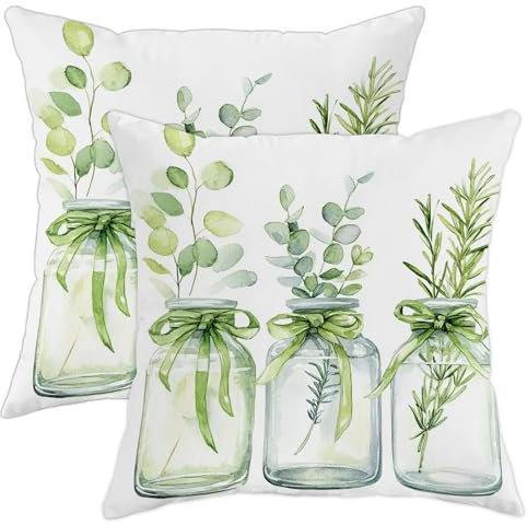 Juego de 2 fundas de cojín decorativas de hierbas, fundas de cojín botánicas de plantas verdes, decoración del hogar de temporada para sofá, cama, 20 x 20 pulgadas