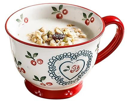 Keramisk soppkopp, soppskålar med handtag, vacker havregrynsmugg körsbärsmönster frukostkopp mjölk mugg stor kapacitet för kontor och hem, F-uppvärmning