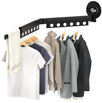 Porte Serviette sur Pied Murale, Porte-serviettes mural, étendoir à linge mural noir à ventouse, pliable, portable et peu encombrant, avec barre porte-serviettes et tringle à vêtements extensible