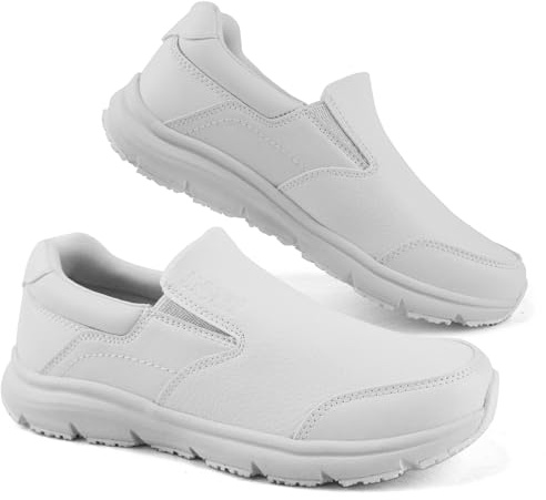 Jacata Non Slip Nursing Work Shoes for Women Water Slip Resistant Leather Slip on Womens Sneakers for Healthcare Medical Shoes (Size 7.5) White