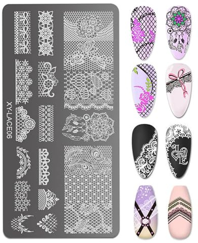 Zeizafa Lot de 6 plaques de stamping pour décoration de manucure, nœuds, fleurs et dentelle
