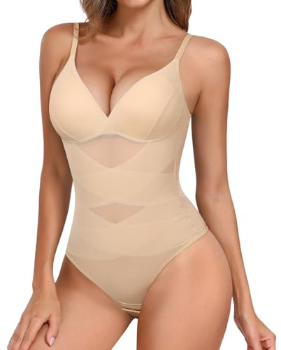 Tuopuda Shaper Body Body Shaper Stringtrosa Bodysuit Lagring Underkläder Smal Platt Mage Bantning Shaping med BH Justerbar axelrem Mesh Fajas, Beige, XXL