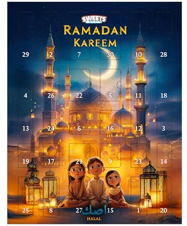 Calendrier du Ramadan avec bonbons halal du monde entier - Pour enfants et adultes - Calendrier de fête du sucre rempli - Parfait pour les cadeaux du Ramadan - Calendrier Ramadan rempli (XL)