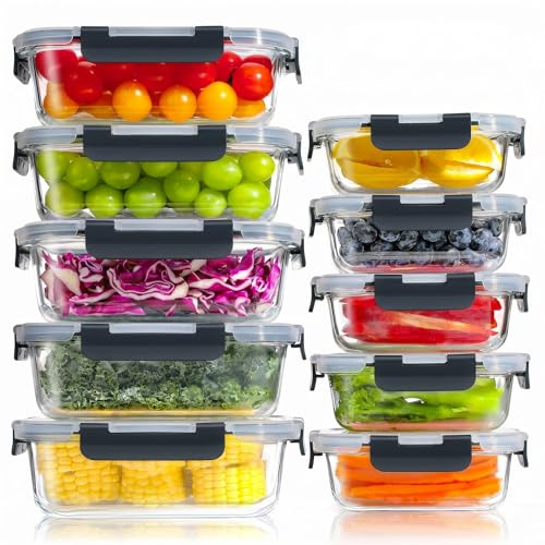 YASHE Set 10 Contenitori Vetro per Alimenti con Coperchi Ermetici, Senza BPA, Adatti a Microonde, Forno, Frigo e Congelatore, per Meal Prep, Nero