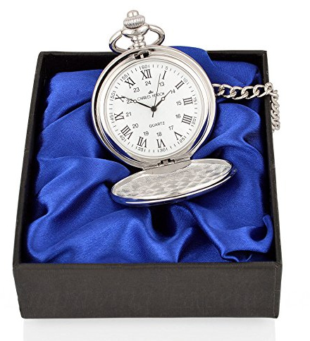 Charles Hendon Personalised Engraved Pocket Watch with Roman Numbers and Spare Battery Gold or Silver, with Satin Box or Without, with Free Engraving (PW Roman Silver Boxed)