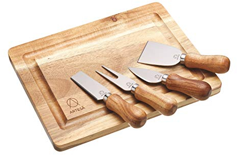 Artesà Wooden Cheese Board and Knife Set in Gift Box, Acacia, 5 Pieces, Brown/Silver