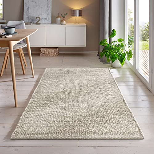 Handweb-Teppich aus Schurwolle in Skandinavischem Landhaus Design in vielen aktuellen Farben für Wohnzimmer, Esszimmer, Schlafzimmer, Flur, auch als Läufer beidseitig verwendbar weiß 120x170 cm