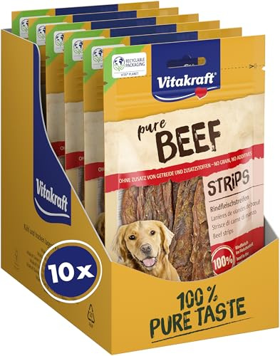 VITAKRAFT- Pure Beef Strips, Friandises pour Chiens, Lamelles De Bœuf, Friandises D’Entraînement, sans Sucre Ajouté - Lot de 10