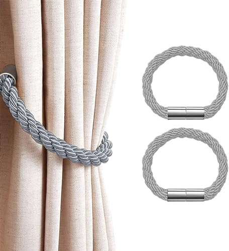 Magnetische Vorhang Raffhalter, 2 Stück Grau Raffhalter für Vorhänge mit Magnet, Vorhanghalter Magnetisch, Geflochtene Schnur Vorhang Dekorationen, für Haus, Büro, Hotel Vorhänge