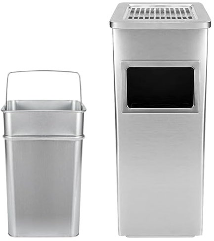 WODFARR - Papelera de acero inoxidable, cenicero con pie, acero inoxidable y laca, diseño de doble barril, barril interior extraíble: 24 x 24 x 60 cm, 35 L, plata, 1 unidad