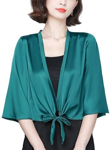 LIUYUYOUGO Cardigan Mujer Verano Bolero De Satén para Mujer Cárdigan con Mangas 3/4 Y Lazo Frontal Cuello En V Chaqueta Bolero De Satén De Seda Elegantes Y Ligeras Chaquetas De Verano Blusas Vest