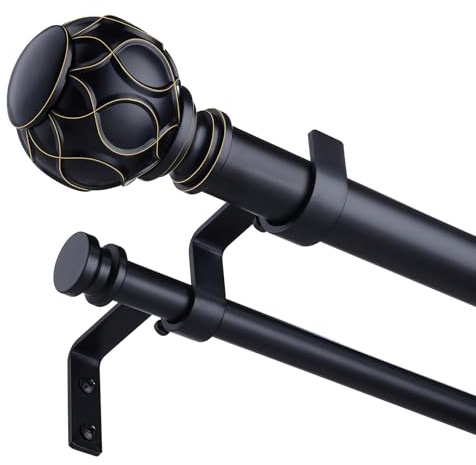 Black Double Curtain Rod, 36 to 72 Inch Dual Curtain Rods with Boho Netted Texture Finials, Decorative 1 Inch Adjustable Window Treatment Rods, Antique Vintage Farmhouse Double Drapery Pole