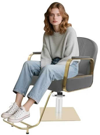 WINPANG Sedia da parrucchiere girevole a 360° in acciaio inox con pelle Nappa PU color oro e grigio per parrucchieri, barbieri e case private