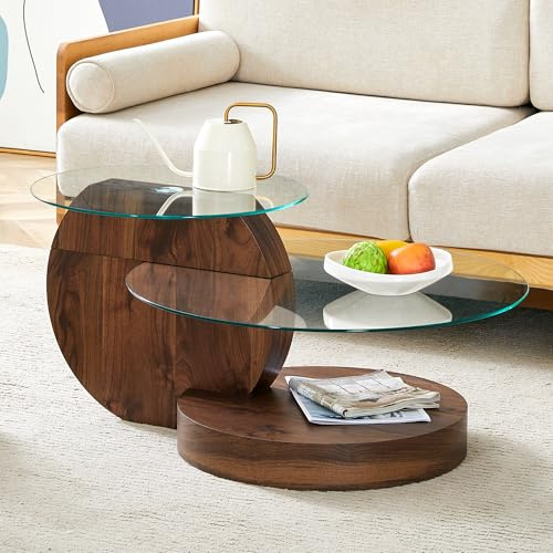 Lexiou Mesa de centro minimalista moderna con dos niveles de cristal de seguridad, diseño de varios niveles, estructura de soporte MDF de alta calidad con aspecto de mármol (nogal)