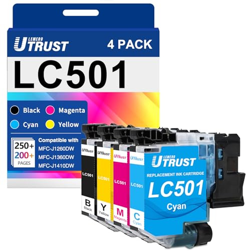 LEMERO UTRUST LC501 Ink Cartridges Replacement for Brother Printers MFC-J1260DW, MFC-J1360DW, MFC-J1410DW, Compatible with Brother LC-501 Ink (Black, Cyan, Magenta, Yellow 4 Pack)