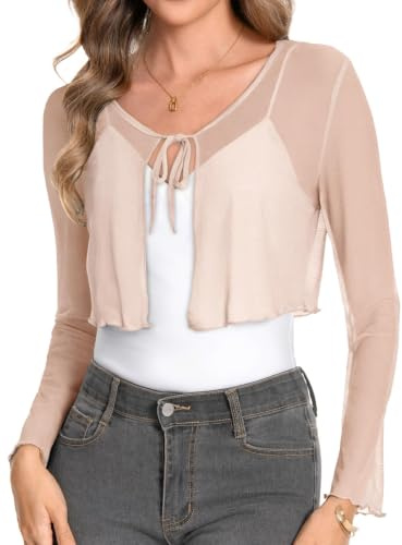 Womens Mesh Shrugs Long Sleeve Tie Front Cropped Cardigans(Nude,L)