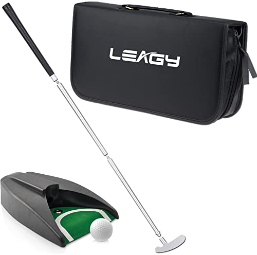 LEAGY Tragbares Golfputter Reise-Übungs-Putting-Set mit Koffer Indoor Outdoor Yard, Indoor-Golfspiel-Set, Ballrückgabesystem Putter aus Zinklegierung Executive Office Putter-Set