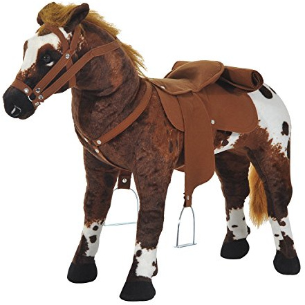 HOMCOM Cheval Debout en Peluche Effets sonores hennissement et Galop Selle étrier rênes 85L x 28l x 60H Marron Blanc