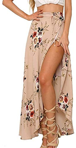 Womens Boho floral tie up cintura verano de la envoltura de la falda Maxi (Albaricoque,M)