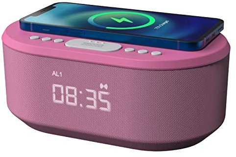 i-box Bedside Alarm Clock Radio Non Ticking with USB Charger, Bluetooth Speaker, QI Wireless Charging & Dimmable LED Display - Mains Powered (Pink)
