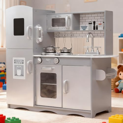 GALACTICA Wooden Pretend Play Kitchen Set for Kids – Includes Cooking Utensils & Toys for Boys & Girls – Fun Role Play Game, Gift Idea for Toddlers & Children, Grey (WW-PK-04)