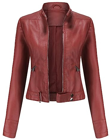 YFFUSHI Chaqueta de Motociclista de Cuero Sintético PU Clásica para Mujer, Corta, Ajustada, Casual, con Cremallera, Abrigo