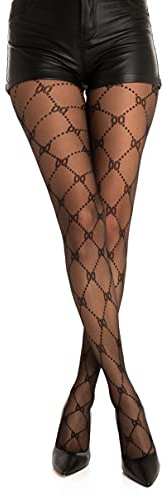 Gi&Gi Women's Sheer Tights with Bow and Diamond Pattern, Fashion Hosiery, 20 Den, Elegant Patterned (UK, Alpha, L, XL, Regular, Regular, black)