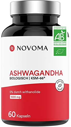 NOVOMA Ashwagandha Bio KSM-66®, 500mg per Capsula, Estratto Naturale Puro di Radice, 5% Withanolidi, Energia & Anti Stress, 60 Capsule Vegane, Prodotto in Francia