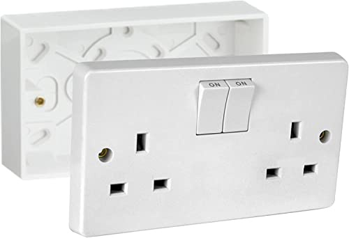 Mr.Gadget's Solutions 13A Double White Switched Socket & Double Surface Mount 25mm Pattress Box 2 Gang Set Electrical Outlets