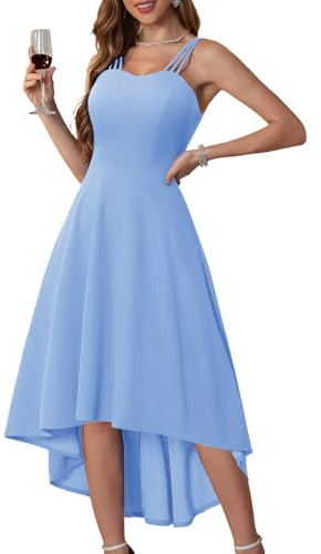 DRESSTELLS Women's Cocktail Dresses, Modest Wedding Guest Bridesmaid Party Fit Flare Formal Party Church Spaghetti Strap Halter Petite Evening PromEaster Dress Blue S