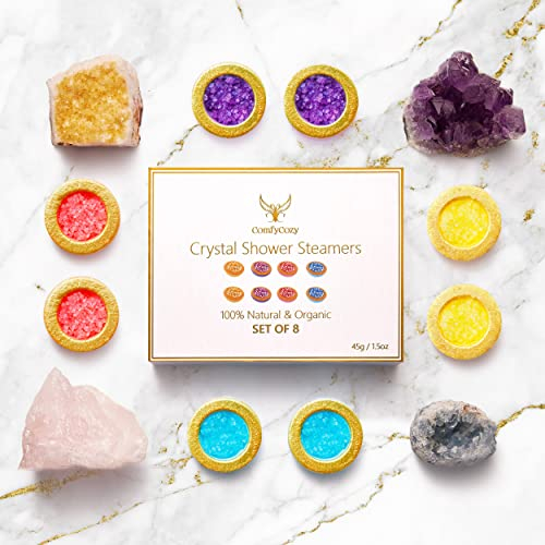 ComfyCozy Crystal Shower Steamers Luxury Gift Set | Bath Relaxation Beauty Self Care Present | Vegan Organic Shower Bombs, 8x45g